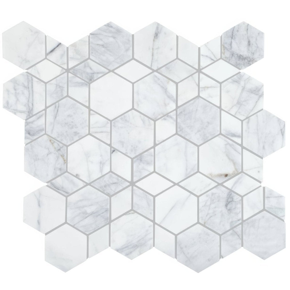 Ottimo kaleidoscope mosaic white marble hexagonal tile with subtle gray veining and thin grout lines