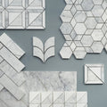 Ottimo marble 61 x 30.5cm white marble mosaic tiles with gray veining silver grout in geometric hexagon triangle and leaf patterns
