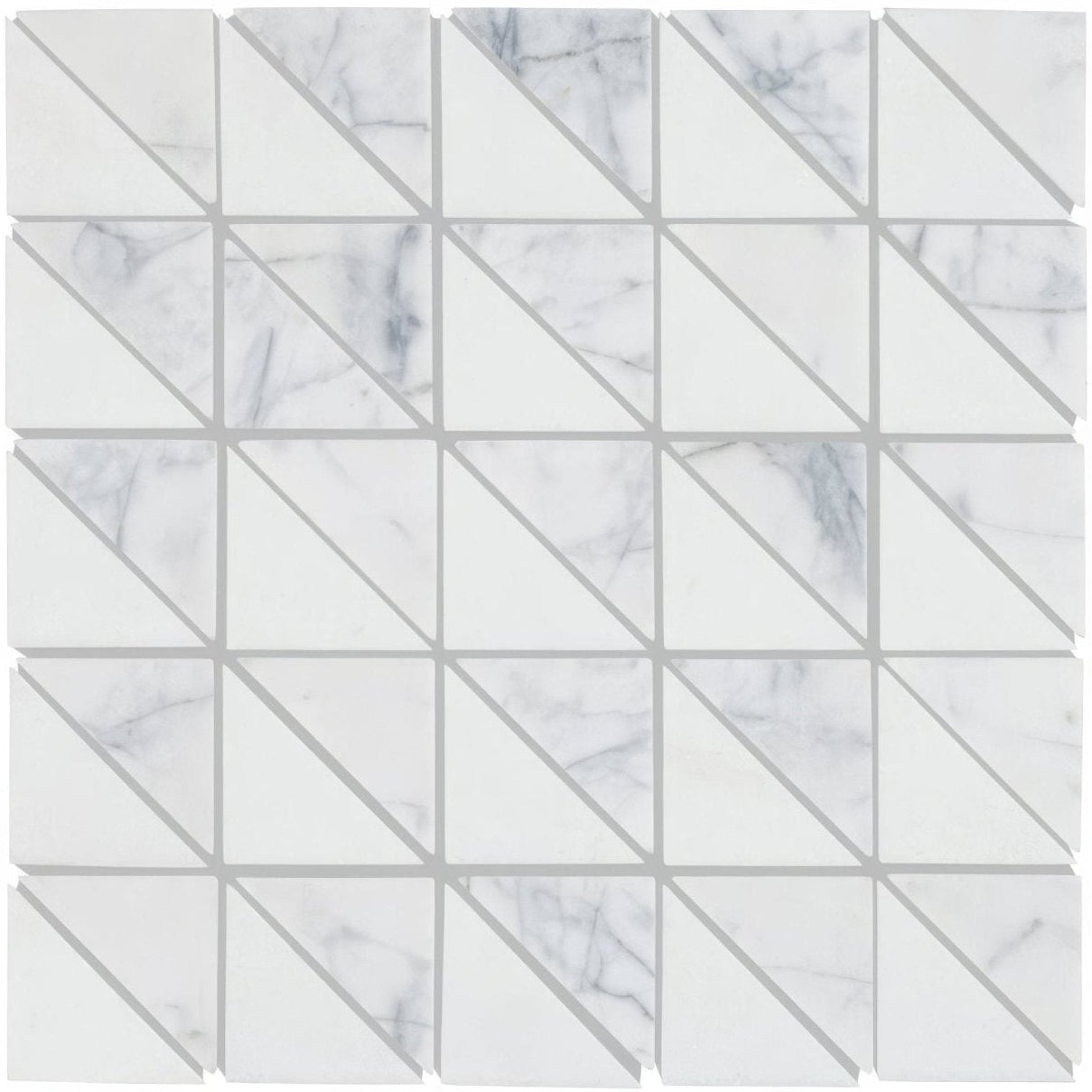 Ottimo triangles mosaic white marble tile with geometric diagonal lines and subtle gray veining pattern