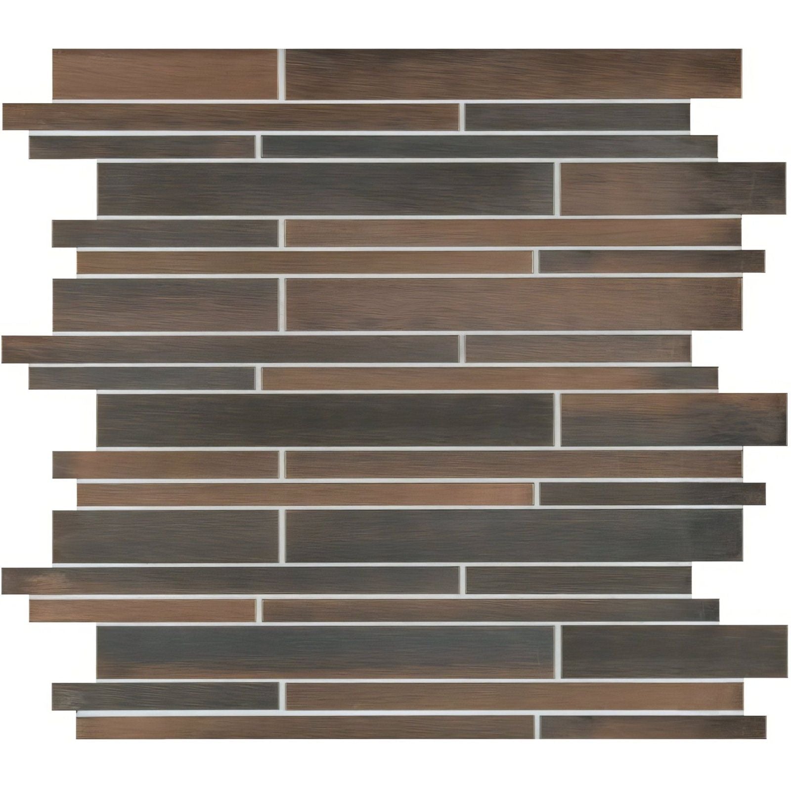 Brown and dark gray wood-grain ottone metal mosaic tile with modern stacked design for wall applications