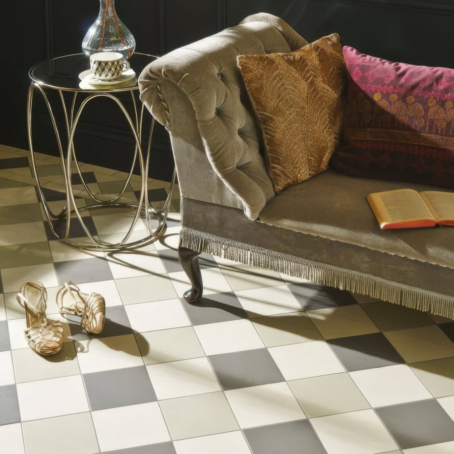 Oxford 151mm Chester Mews, Revival Grey and Dover White chequerboard floor tiles in a styled room