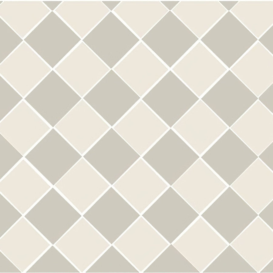 Beige and gray diamond-patterned oxford 151mm tile with white grout lines in dover white and chester mews colors