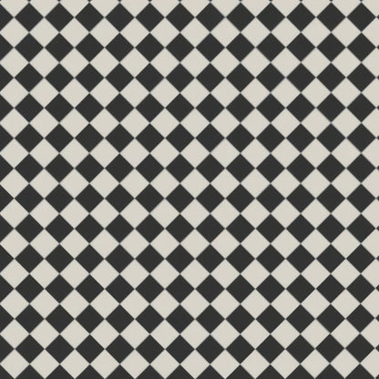 Black and white diamond patterned tile floor featuring oxford 53x53mm black and dover white ceramic tiles