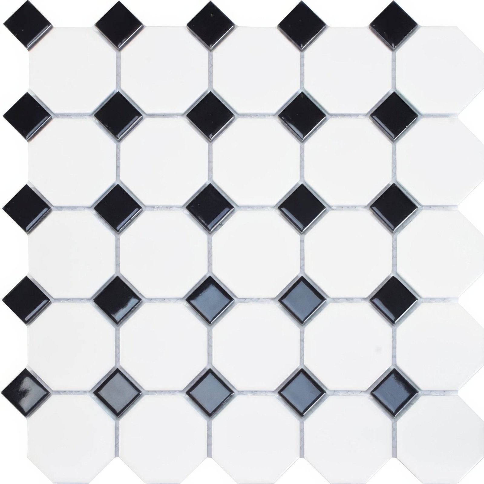 Oxford Black 29.5 x 29.5cm black and white hexagonal mosaic tile with glossy diamond shaped accents