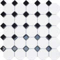 Oxford Black 29.5 x 29.5cm black and white hexagonal mosaic tile with glossy diamond shaped accents