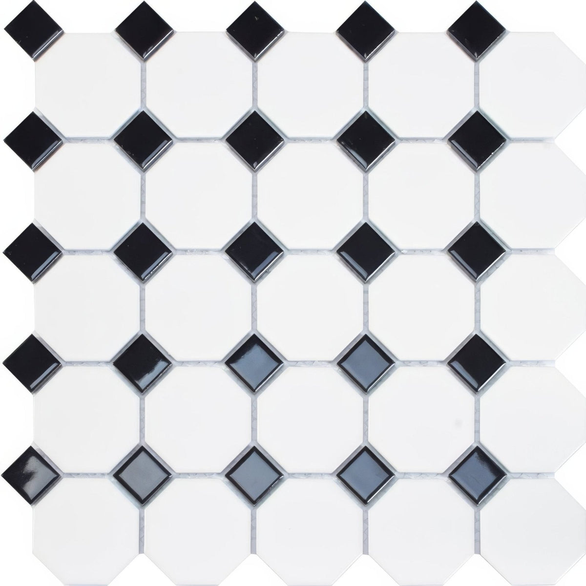 Oxford Black 29.5 x 29.5cm black and white hexagonal mosaic tile with glossy diamond shaped accents