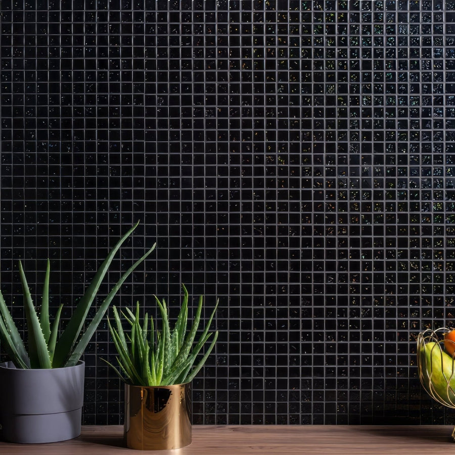 Pacha Glass Mosaic black sparkling glass mosaic with a gold planter and succulent