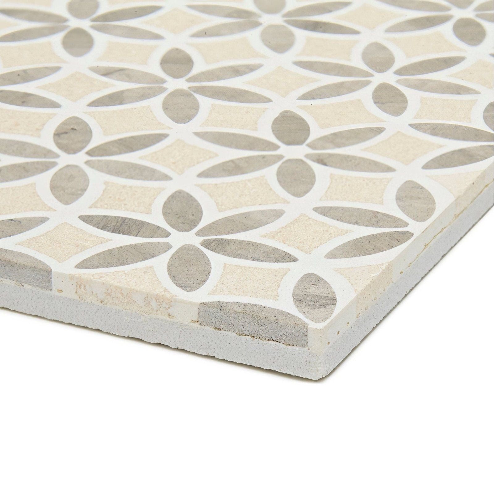 Beige and gray stone mosaic tile palazzo corsini with repeating floral pattern for decorative wall use