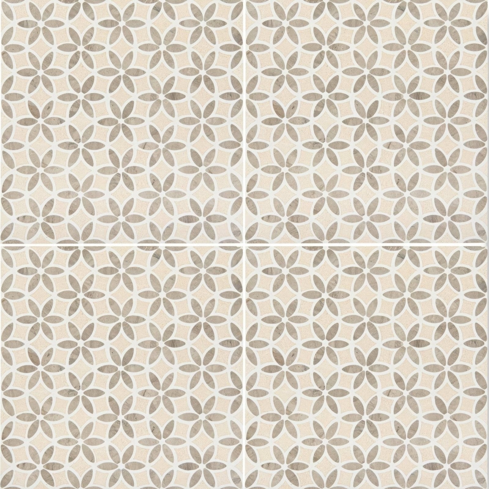 Beige and gray mosaic tile palazzo corsini featuring a repeating floral pattern for decorative wall use