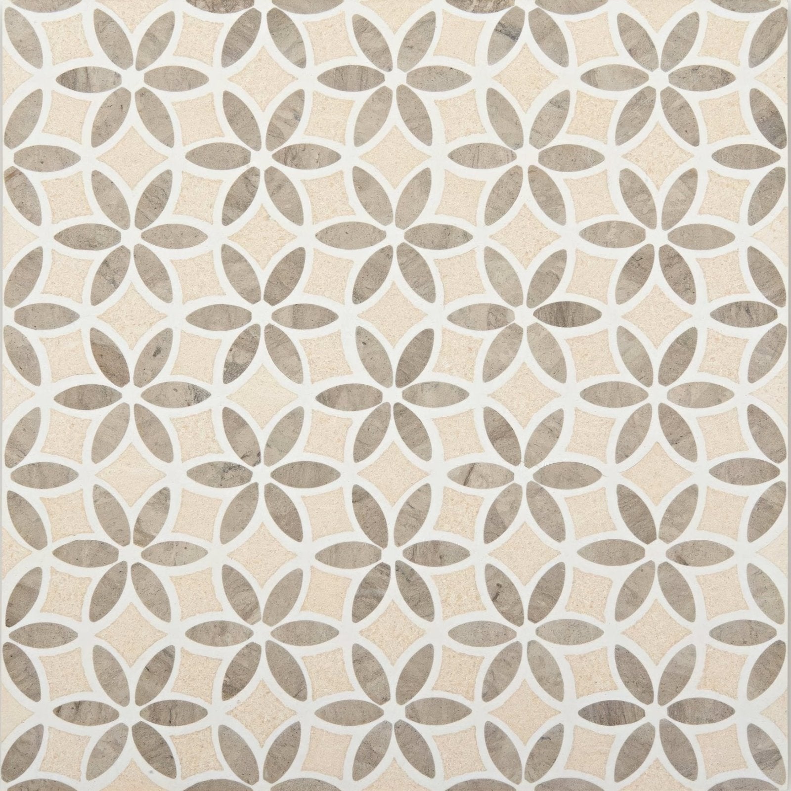 Palazzo corsini beige and gray marble mosaic tile with a repeating floral pattern for decorative surfaces