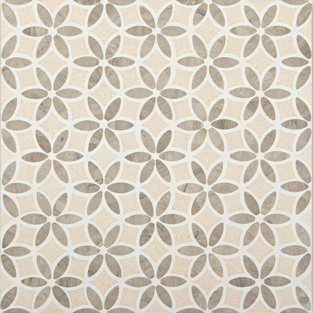 Palazzo corsini beige and gray marble mosaic tile with a repeating floral pattern for decorative surfaces