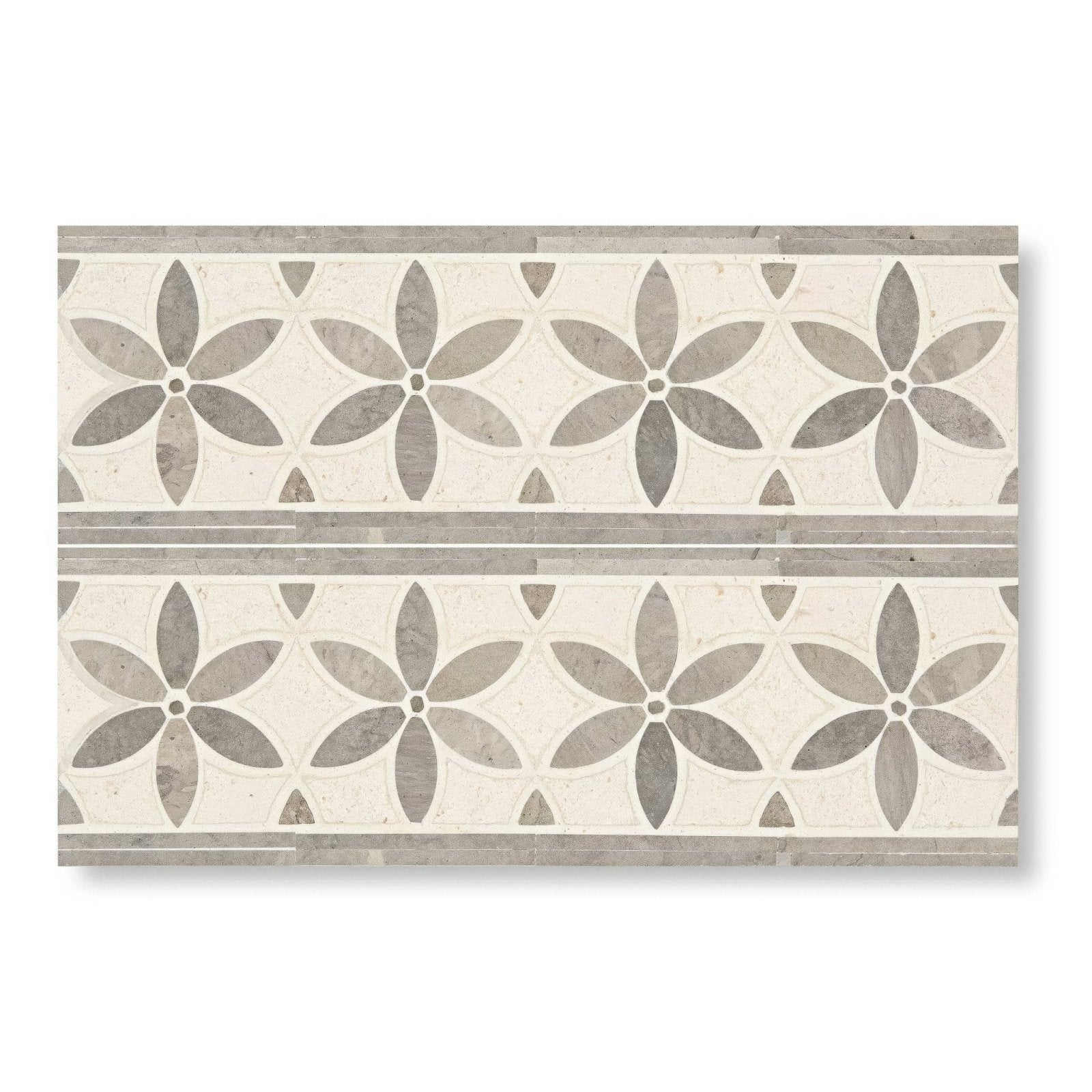 Rectangular palazzo corsini border mosaic tile with repeating gray and off white floral motifs and subtle texture