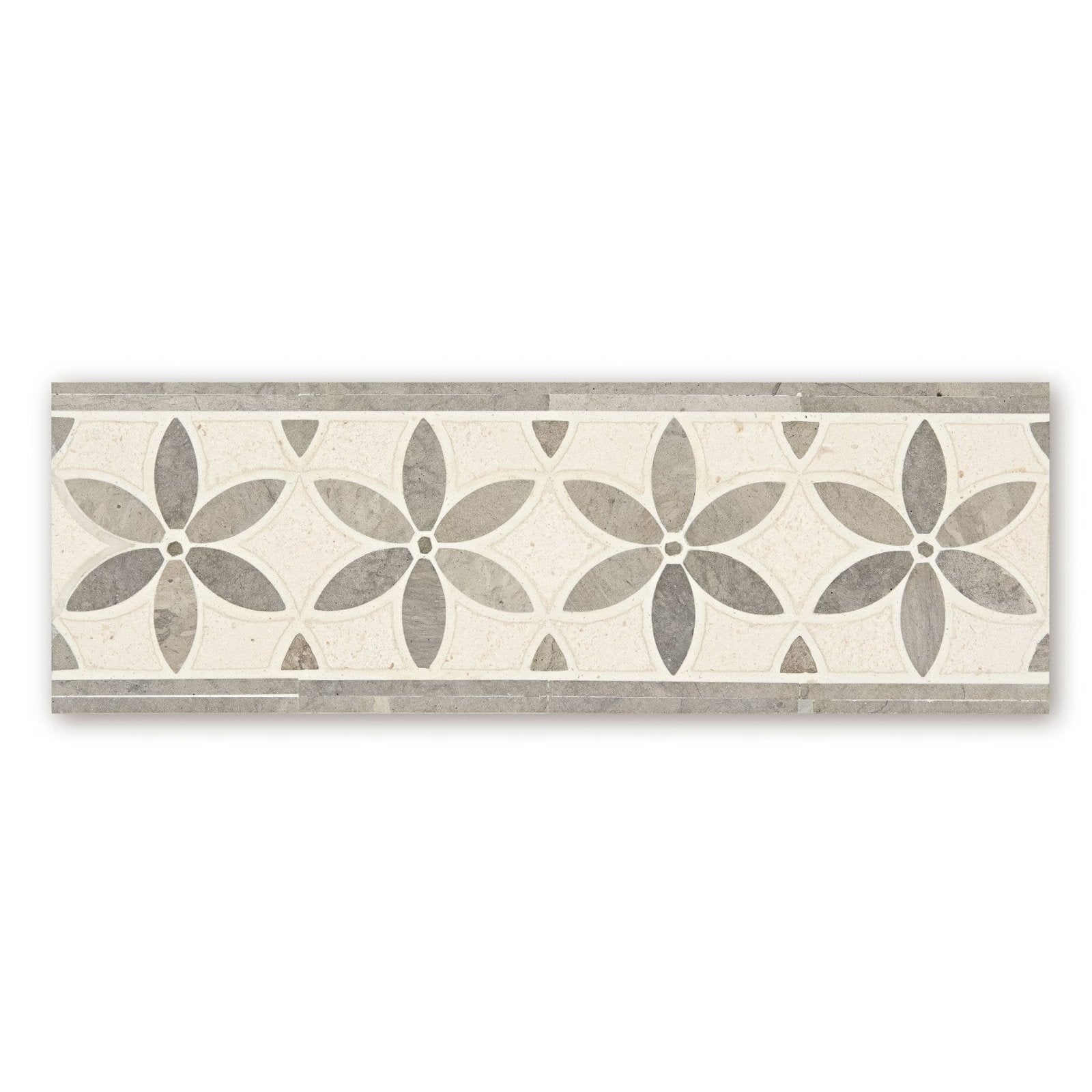 Palazzo corsini border rectangular mosaic tile with gray and white floral motifs and subtle veining framed by narrow borders