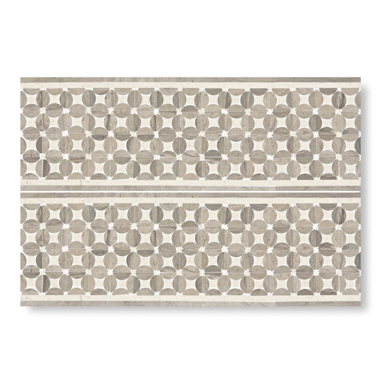 Gray and white marble mosaic tile with circular patterns from palazzo mancini border for decorative flooring and walls