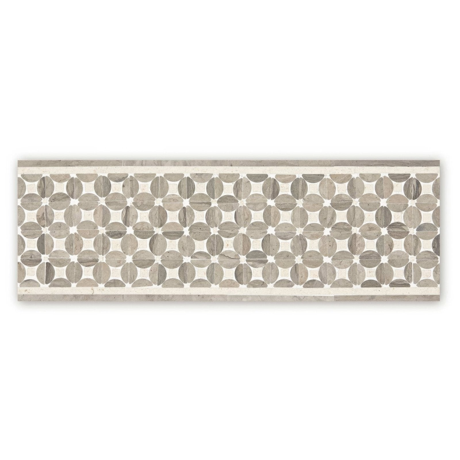 Palazzo mancini border rectangular mosaic tile with repeating circular gray marble inlays on a cream background