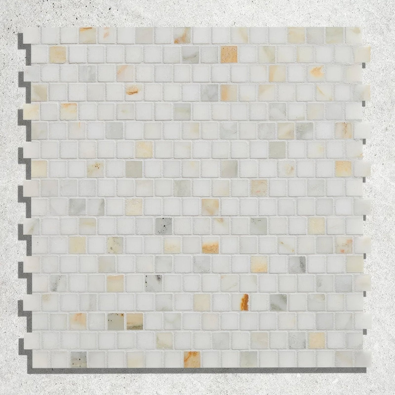 Palazzo oro marble brickbond square mosaic featuring white and beige marble tiles with subtle veining in a grid pattern