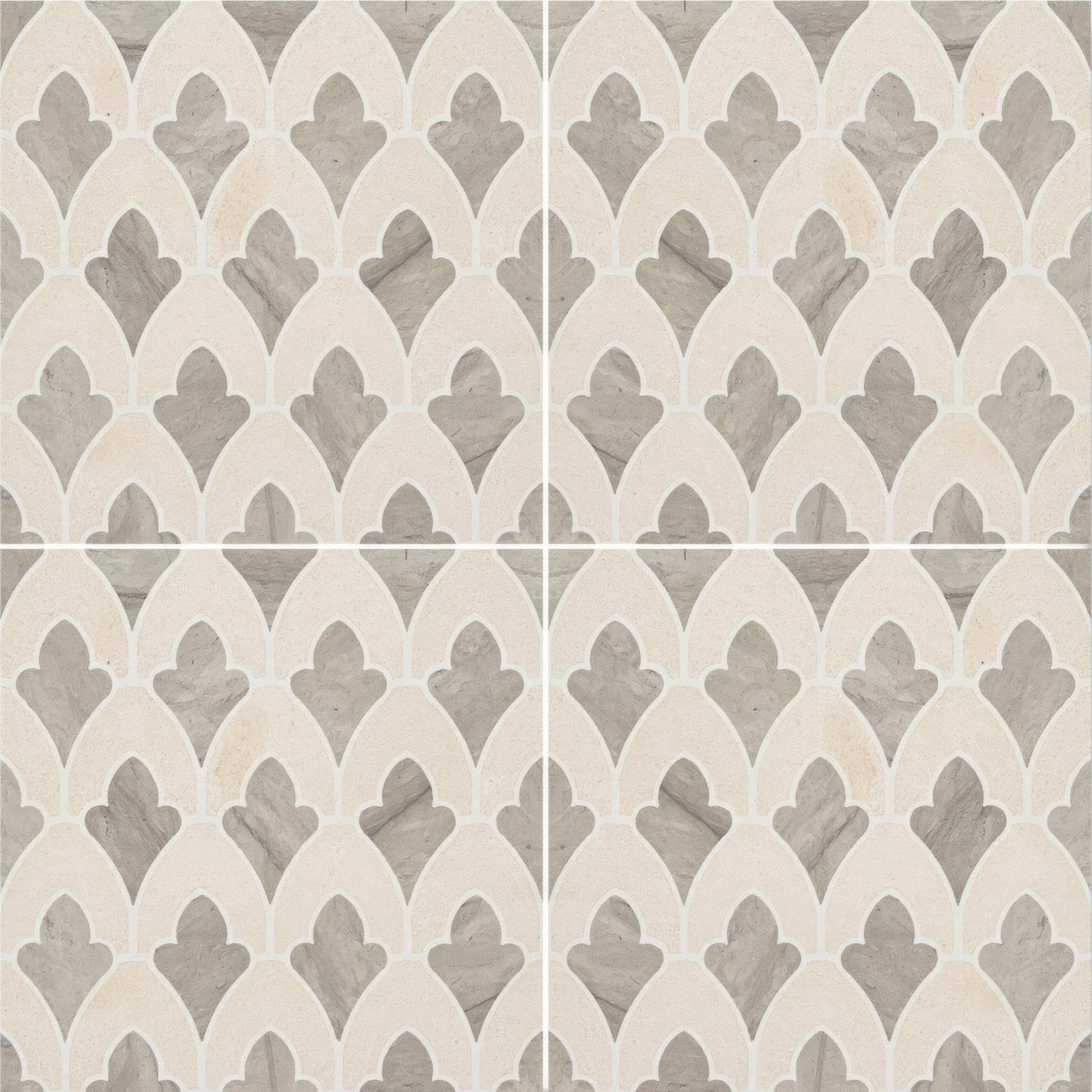 Beige and gray marble-patterned Palazzo Valentini tiles with intricate repeating arched design for elegant spaces