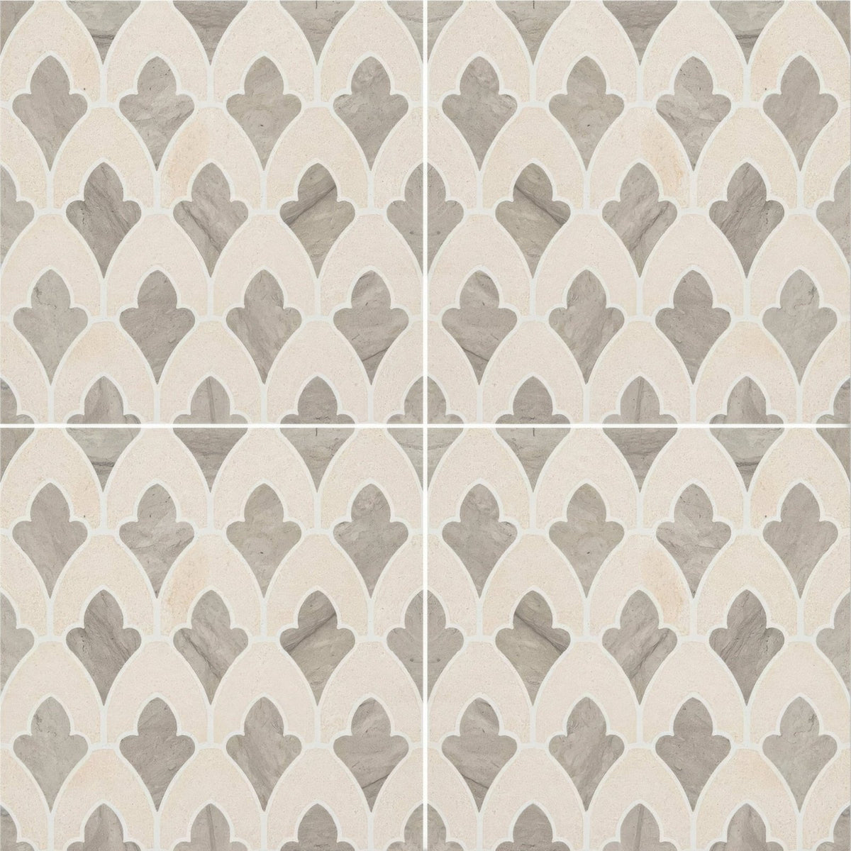 Beige and gray marble-patterned Palazzo Valentini tiles with intricate repeating arched design for elegant spaces