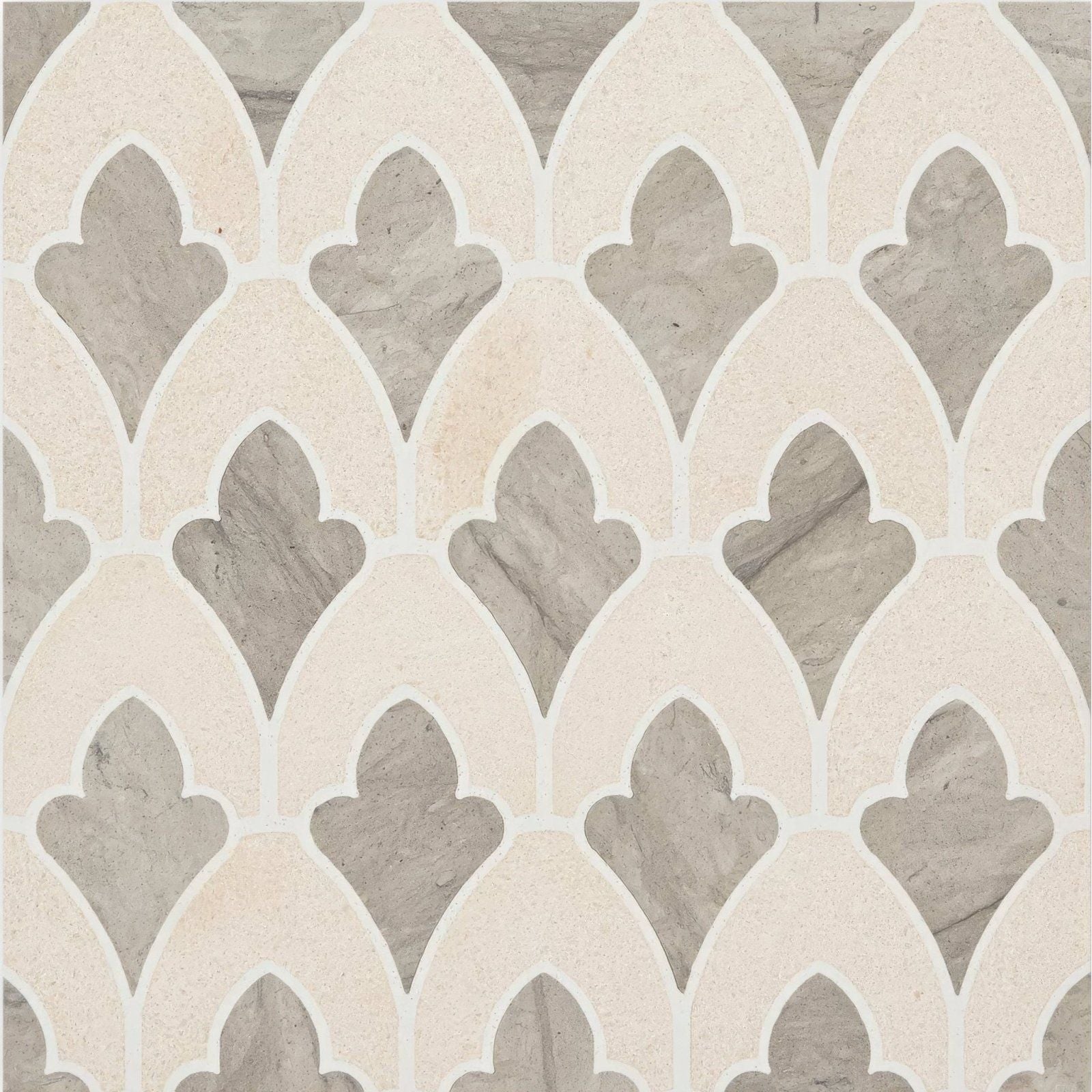 Beige and gray mosaic tile with a repeating arched quatrefoil pattern from Palazzo Valentini collection