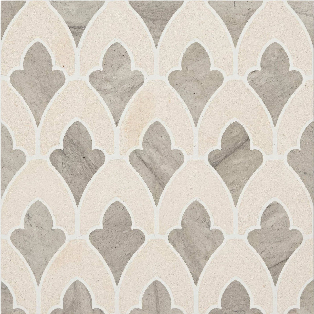 Beige and gray mosaic tile with a repeating arched quatrefoil pattern from Palazzo Valentini collection