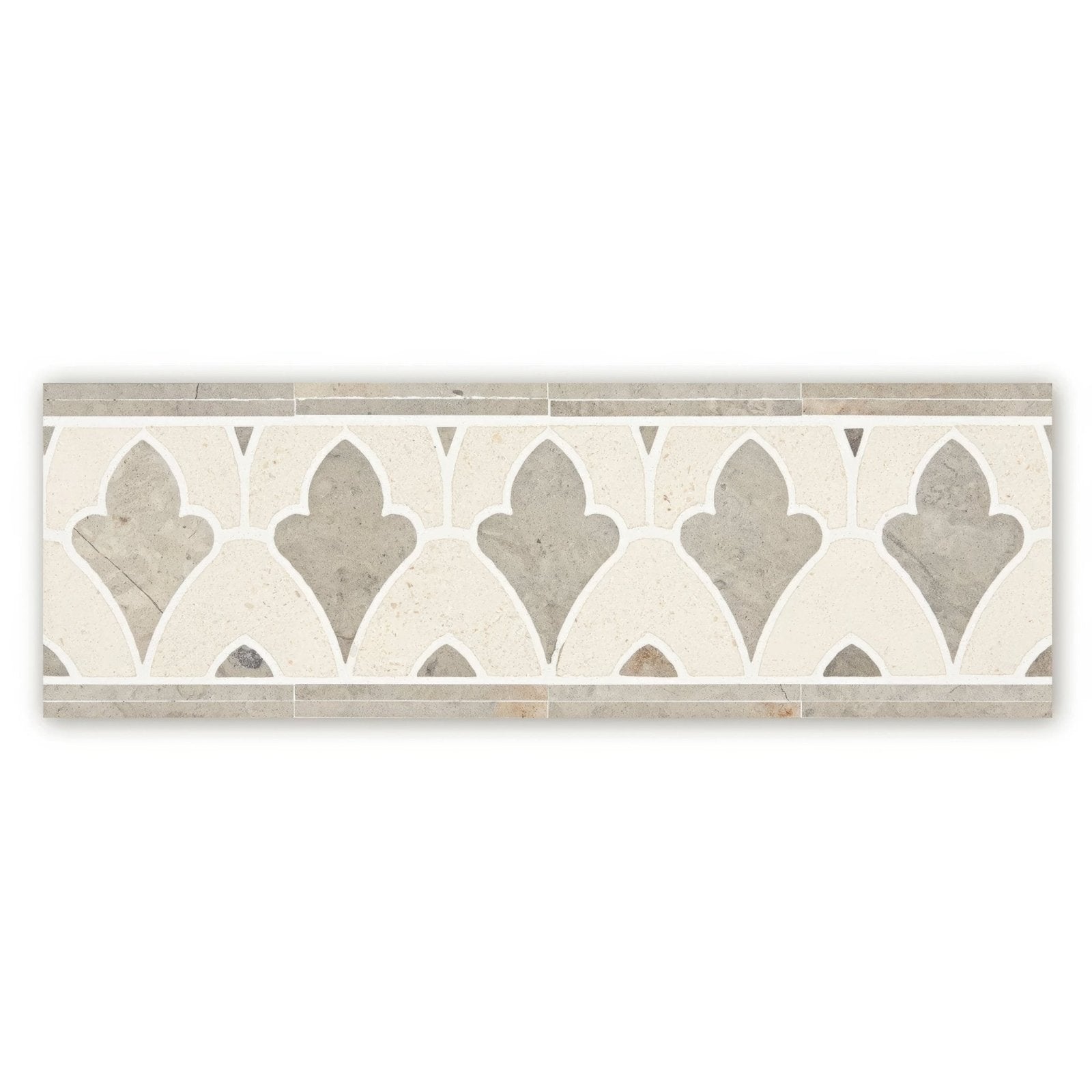 A rectangular Palazzo Valentini Border mosaic tile with gray and white fleur-de-lis pattern and thin borders