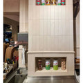 Beige tiled kitchen cabinet with built-in shelves holding perello brand pasta jars in palio 10 x 20 diamond sawn edge honed tiles