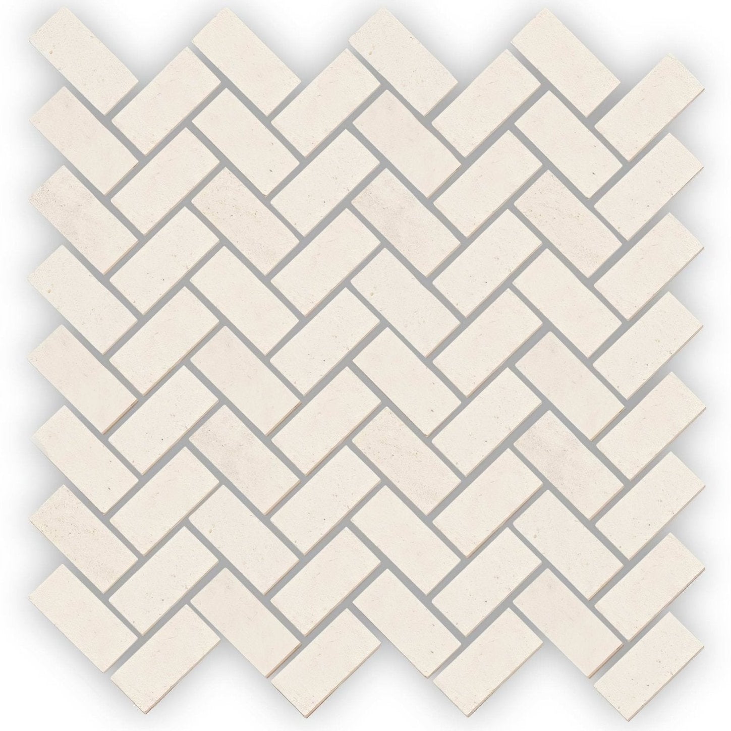 Palio limestone cream-colored rectangular mosaic tile arranged in a herringbone pattern for wall or floor use