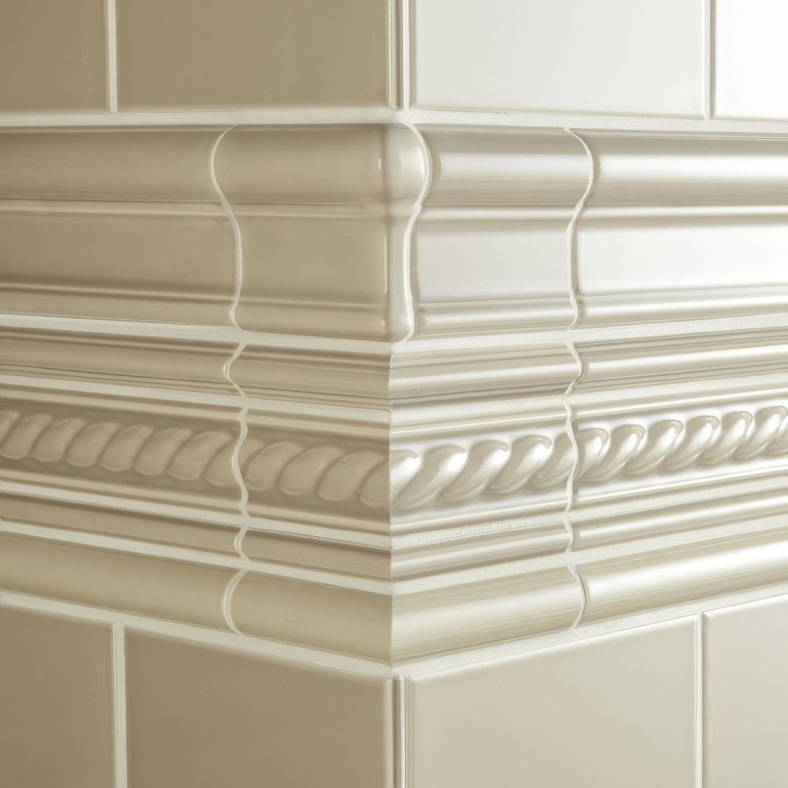 Cream-colored glossy ceramic external corner trim with intricate rope-like molding and beveled edges palladian beige