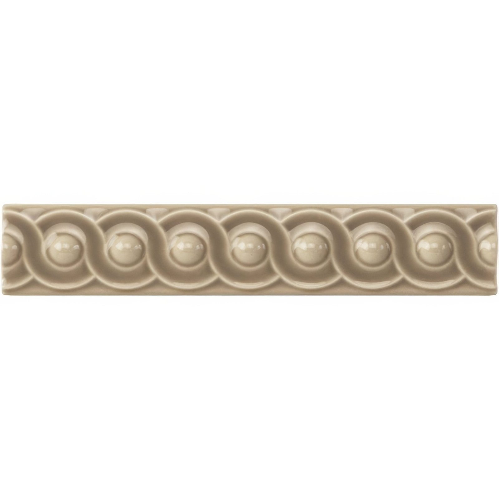Beige ceramic palladian scroll moulding tile with raised rounded beads and flowing curves pattern