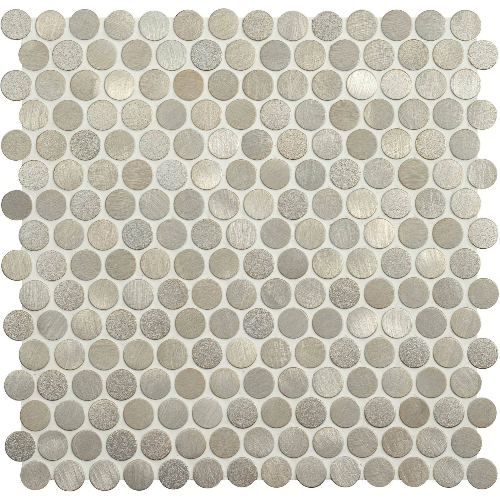 Silver-toned circular mosaic tile with brushed metallic finish from pallene gold mixed finish penny round collection