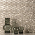 Pallene Gold Mixed Finish Penny Round gold and silver penny round mosaic with a green glass pitcher and tumblers