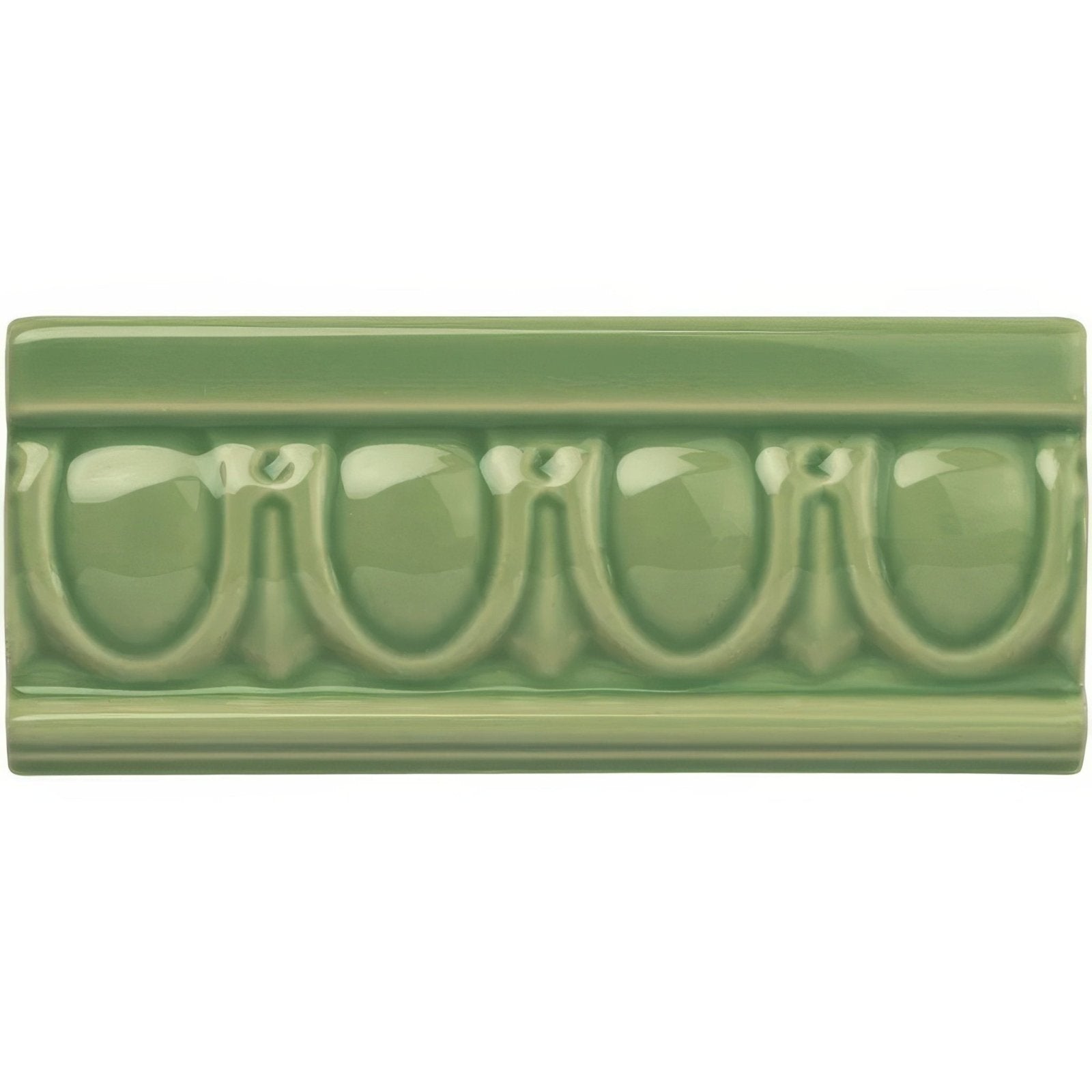 A rectangular glossy sage green ceramic tile with raised palm green egg and dart moulding decorative border