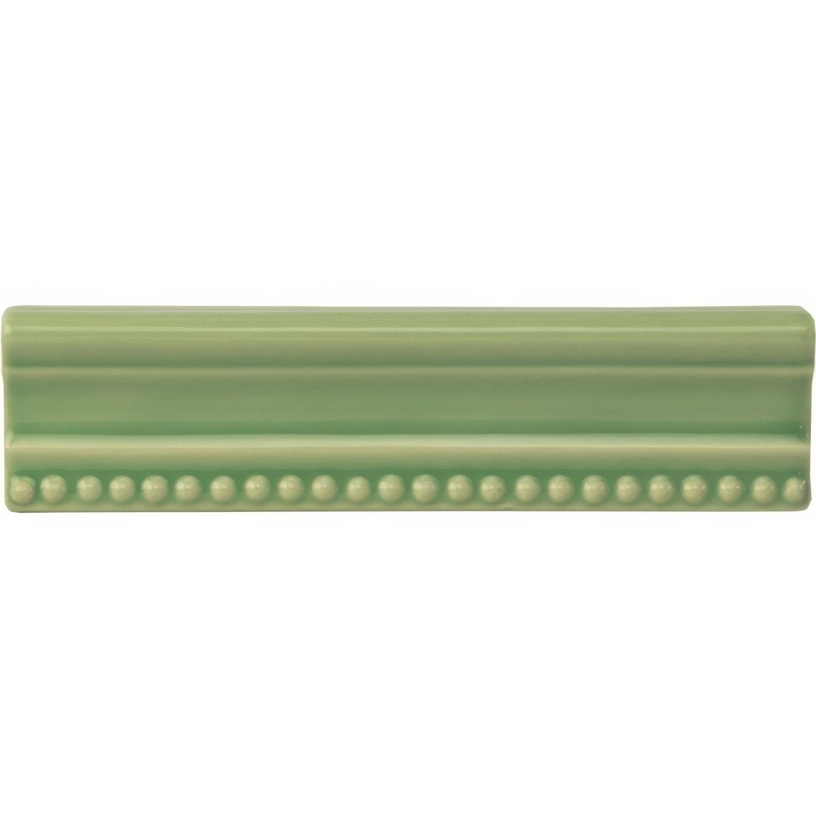 A sleek light green ceramic Palm Green Hogarth Moulding tile with glossy finish and decorative bead detailing along edge