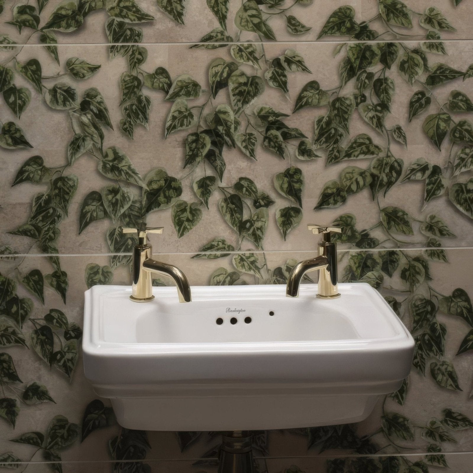 White ceramic wall-mounted palm house ivy single tile sink with two gold-toned faucets
