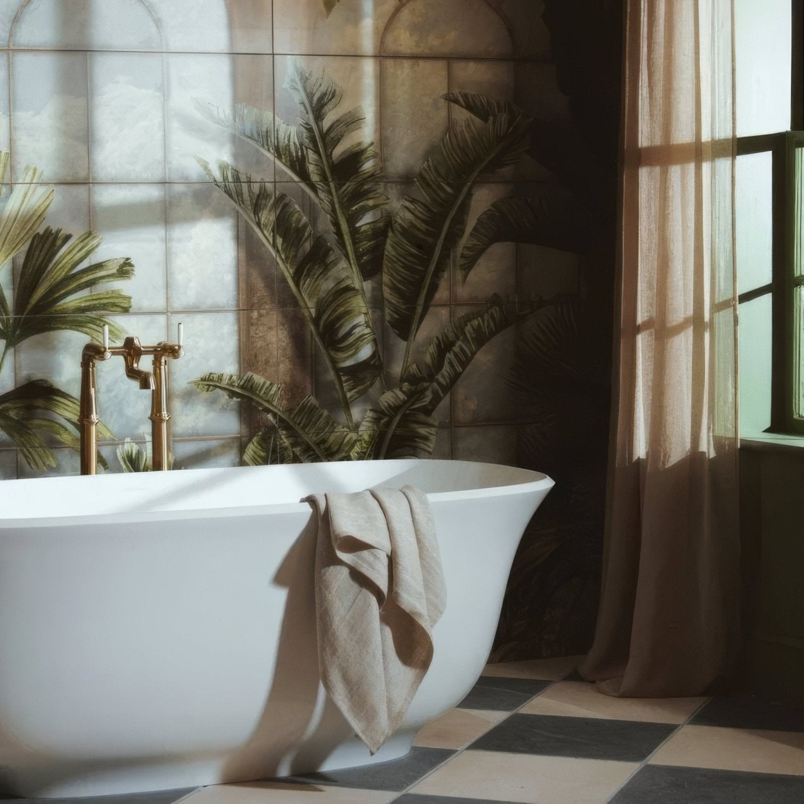 White freestanding bathtub with gold-toned faucet and beige towel in palm house decorative 8-tile set panel a