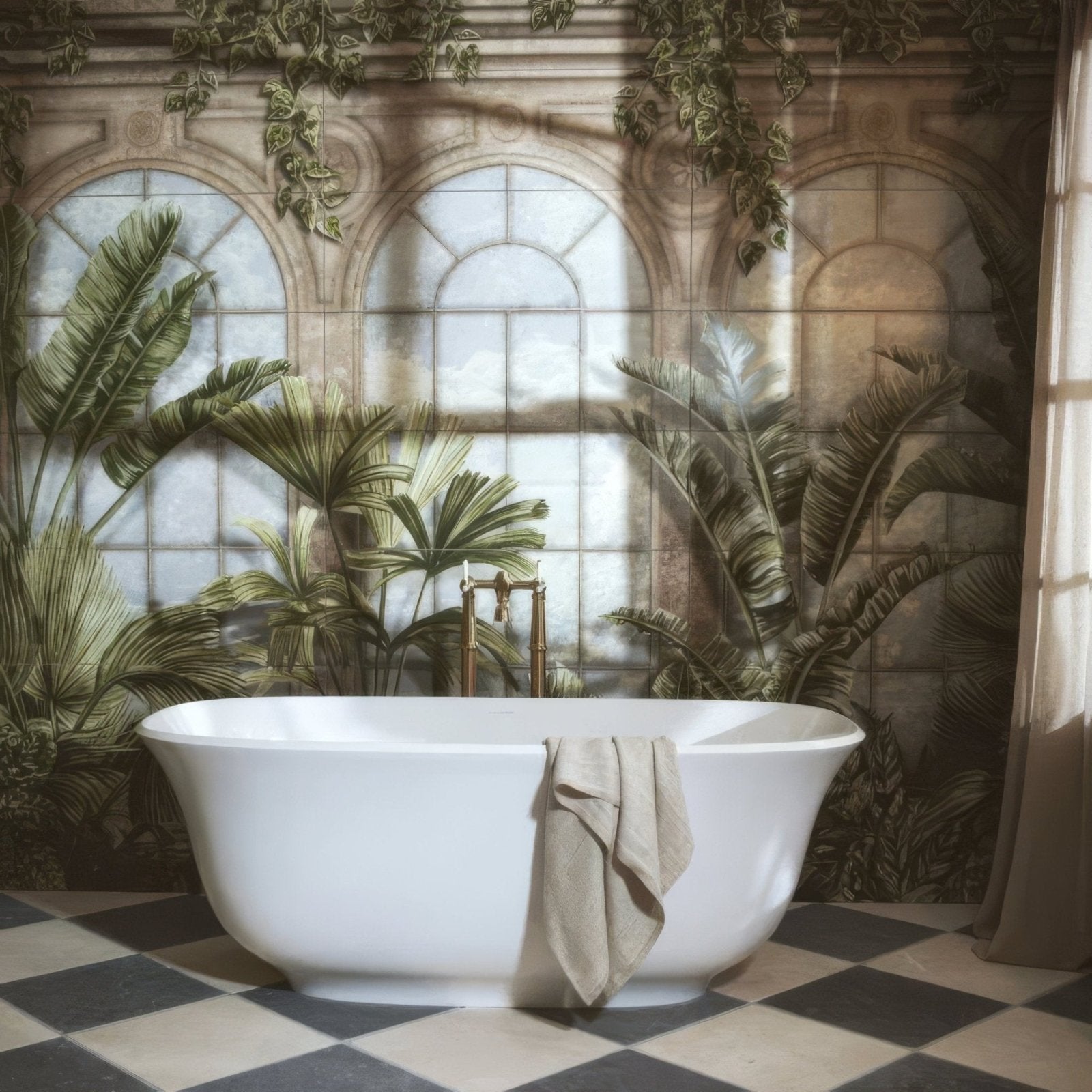 White freestanding bathtub with beige towel draped over side featuring palm house decorative 8-tile set panel c
