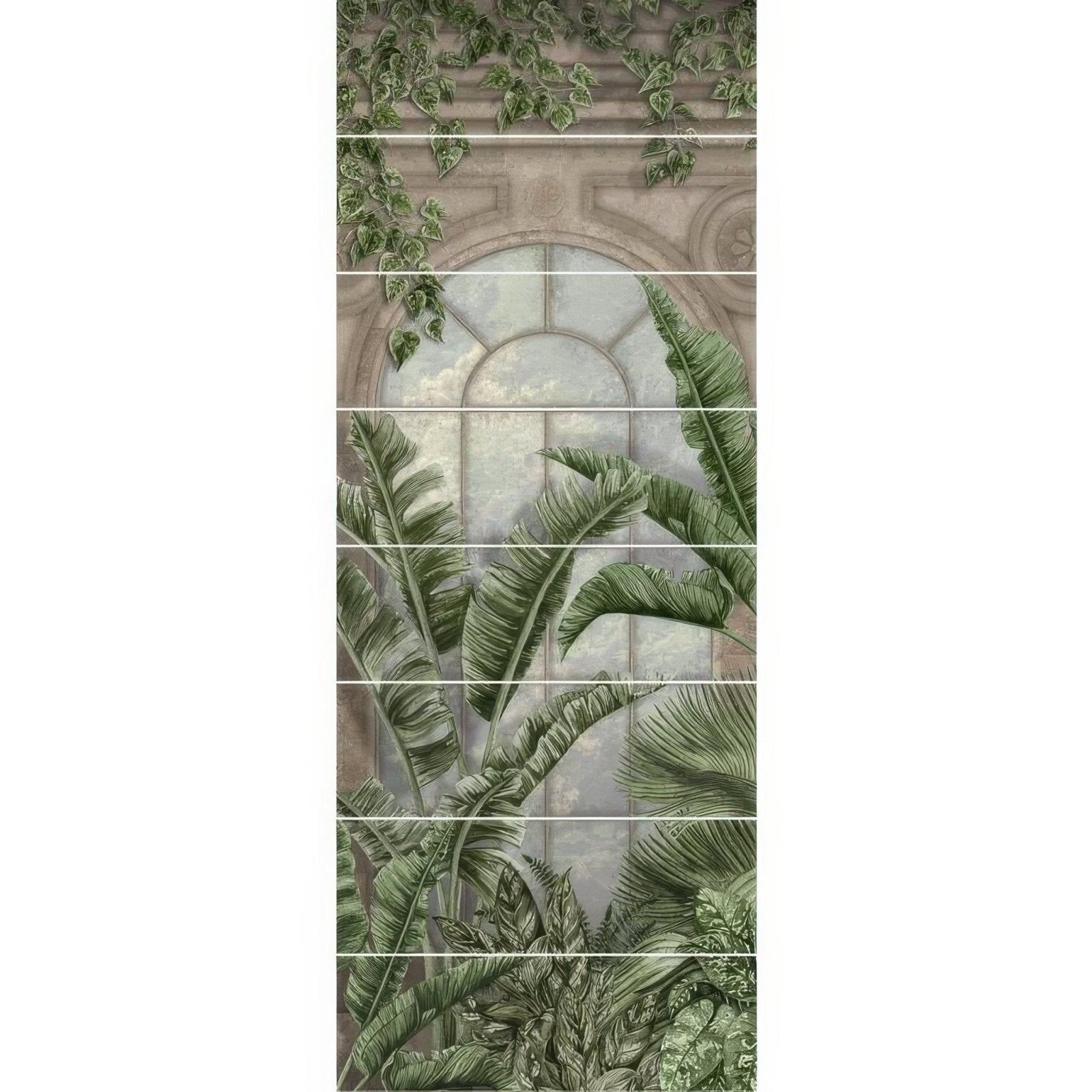 Tiled wall mural panel with botanical design of green banana leaves and ivy on arched window in earth tones