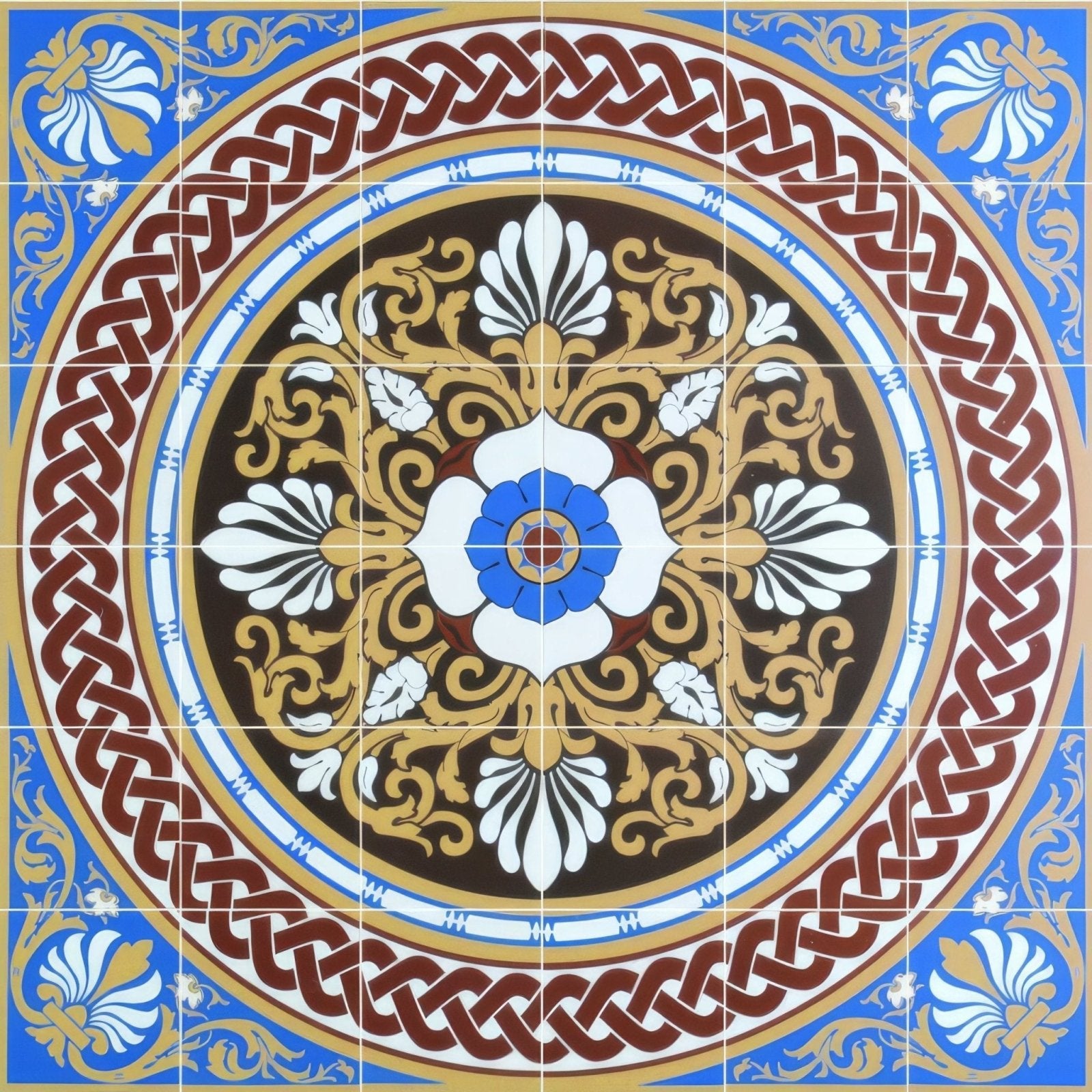 Ornate ceramic floor tile palmerston 36 tile set blue with blue and white floral motif and gold brown intricate patterns