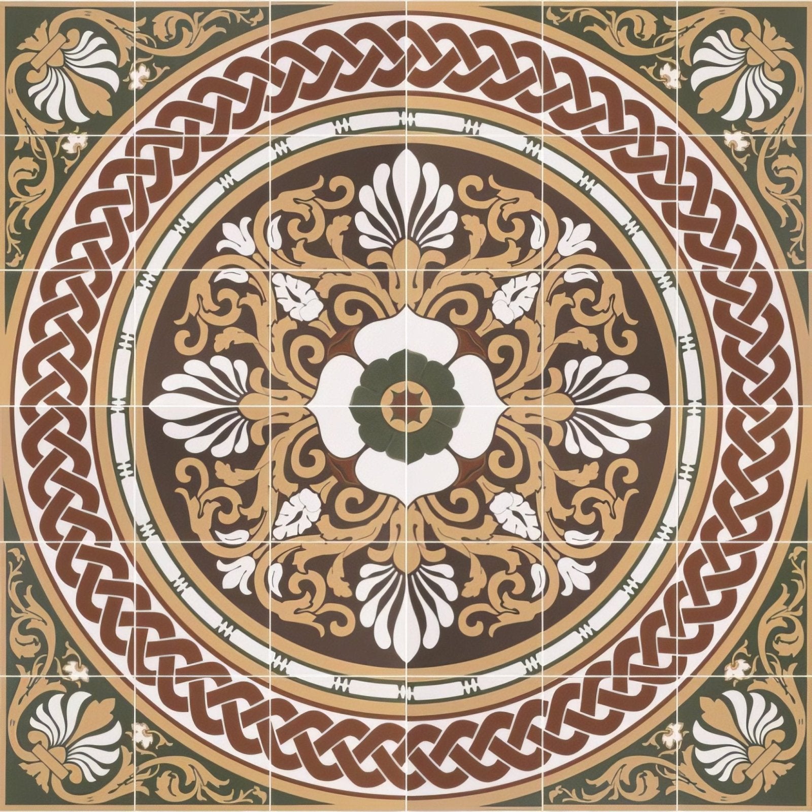 Ornate ceramic floor tile set with intricate floral and celtic knot patterns in brown white gold and dark green palmerston 36