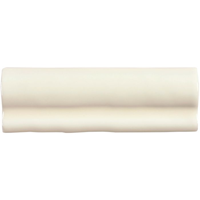 Cream-colored ceramic palomino torus moulding with a smooth glossy finish and subtle wavy baseboard profile