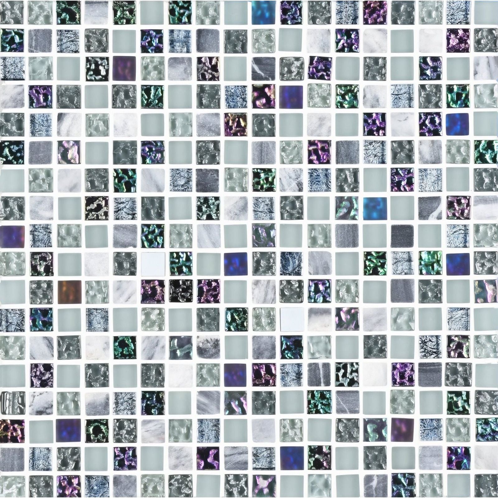 Pamplona earth and fire mixed mosaics panel with square gray white and iridescent purple green blue silver tiles