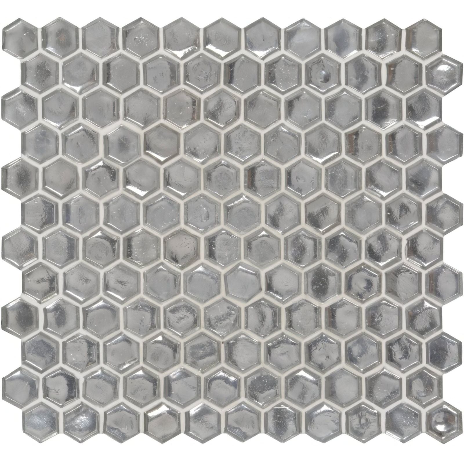 Panaji glass mosaic silver hexagonal glass tile with subtle metallic sheen and slightly textured surface