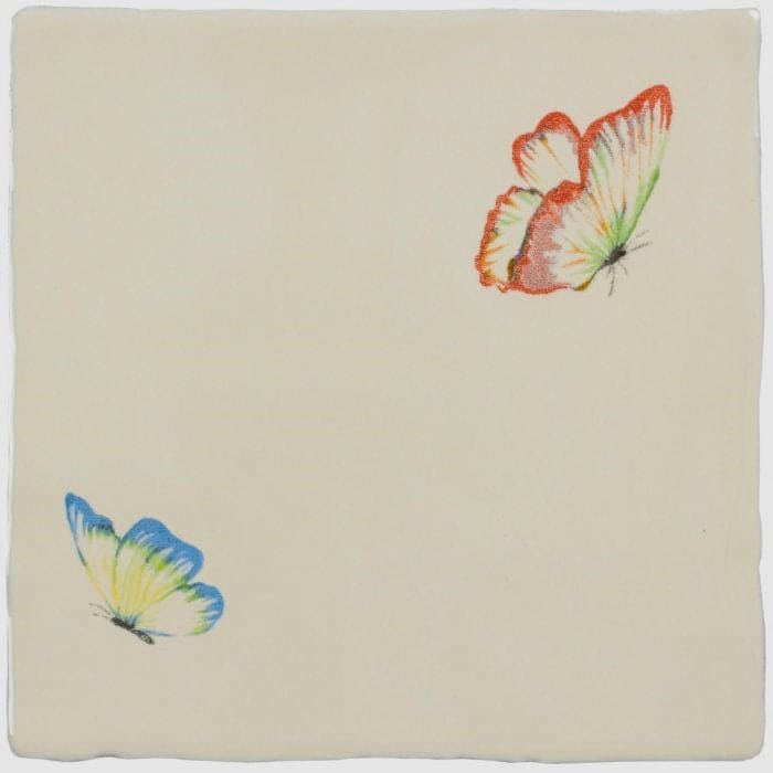 Cream-colored ceramic tile pandora white and azure angel pastel on palomino with hand-painted orange green and blue yellow butterflies