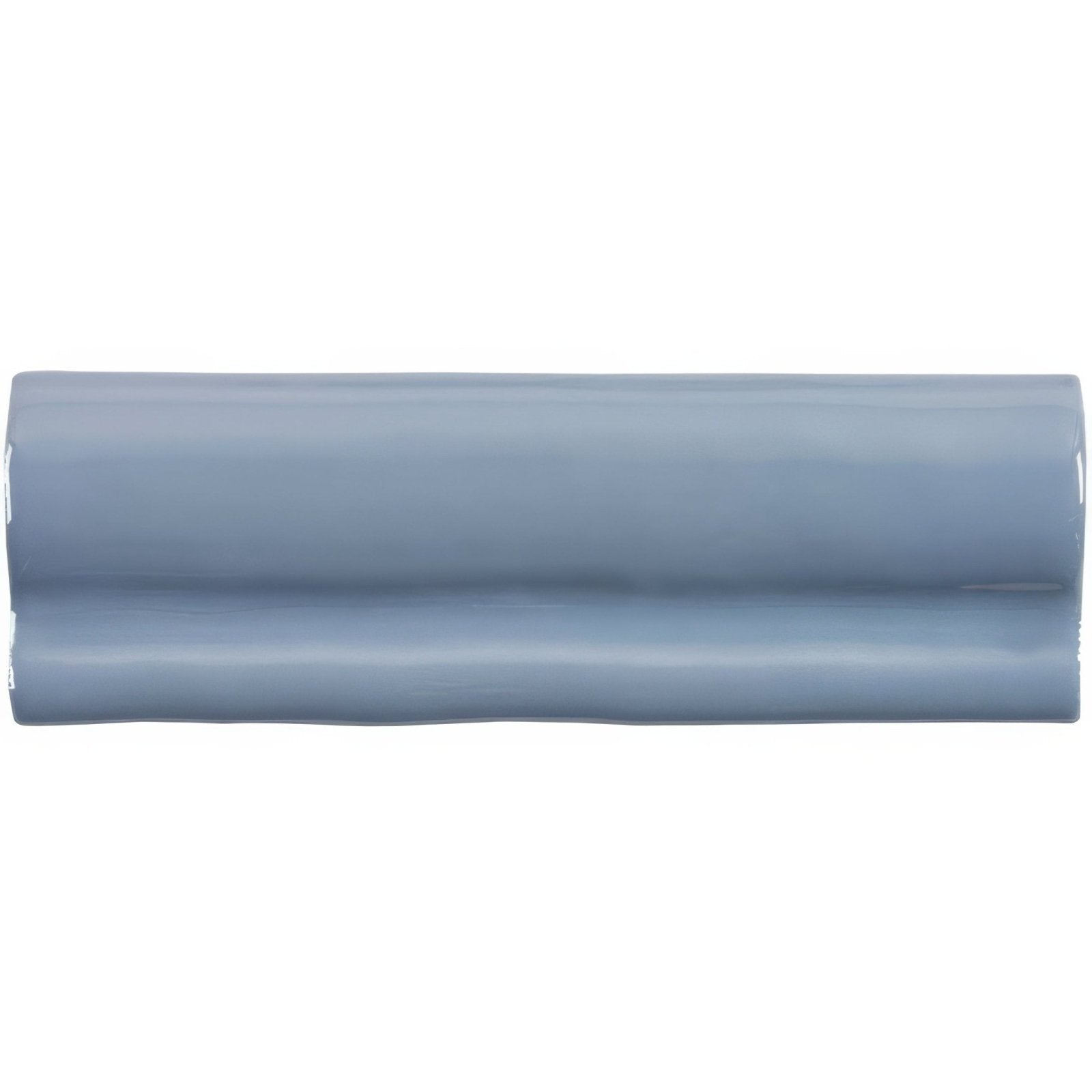 A sleek glossy light blue ceramic pansy torus moulding tile with a smooth curved rectangular shape