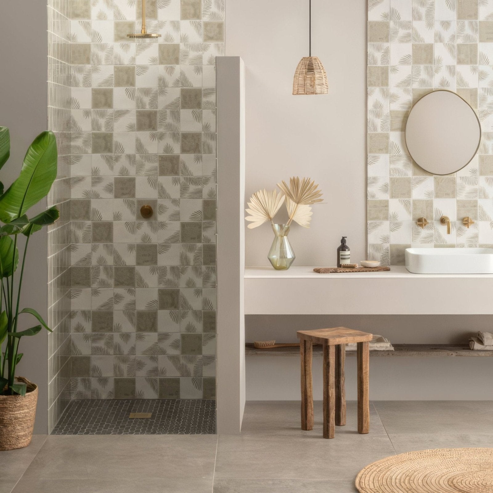 Paradis Mere 1 bathroom vanity with white countertop and sink, beige leaf patterned tiles, modern design