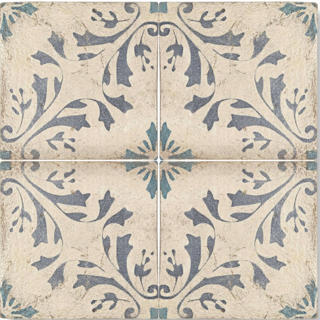 Vintage style paris josette square tile with intricate blue and gray floral patterns on distressed beige background