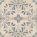 Vintage style paris josette square tile with intricate blue and gray floral patterns on distressed beige background