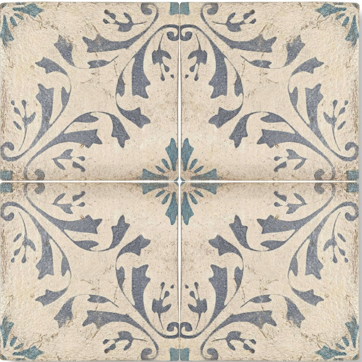 
Vintage style paris josette square tile with intricate blue and gray floral patterns on distressed beige background