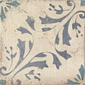 Square ceramic tile paris josette with distressed off-white surface and intricate dark blue floral patterns