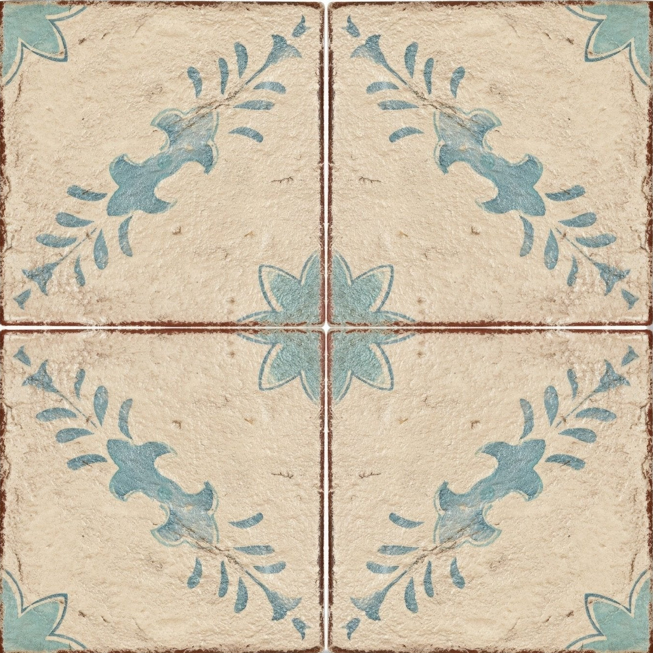 Four-square vintage-style ceramic tile set paris sandrine with distressed beige surface and faded teal floral patterns
